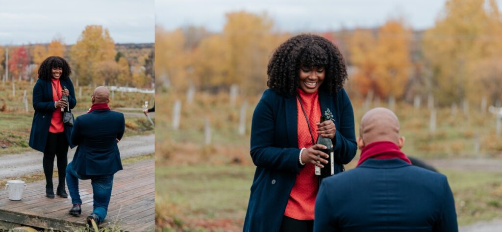 Candid proposal moment at Le Cep d'Argent vineyard in Magog, Eastern Townships, woman's joyful reaction as her partner proposes on one knee among the fall vines